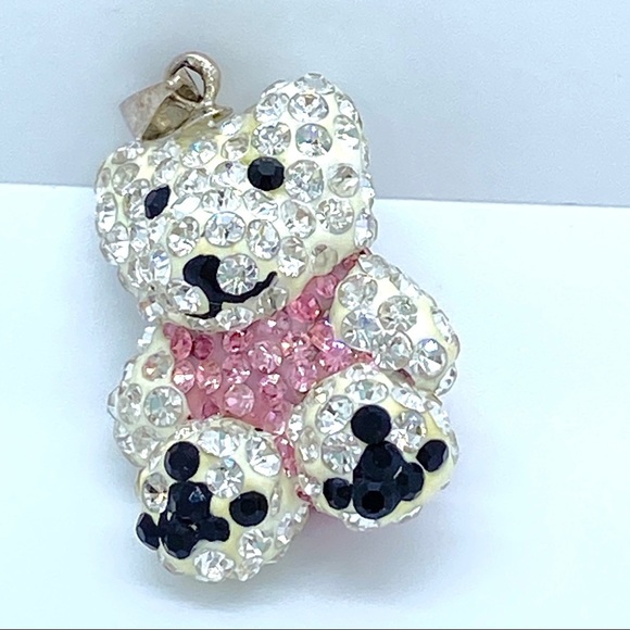 Rhinestone Bear .925 Pink & White Polar Bear Pendant - Picture 6 of 9